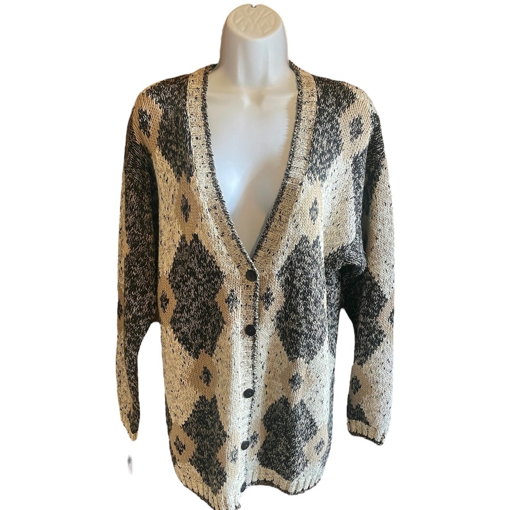 Gina Peters Cardigan Sweater‎ Open Front Geometric Pattern Vintage Academia